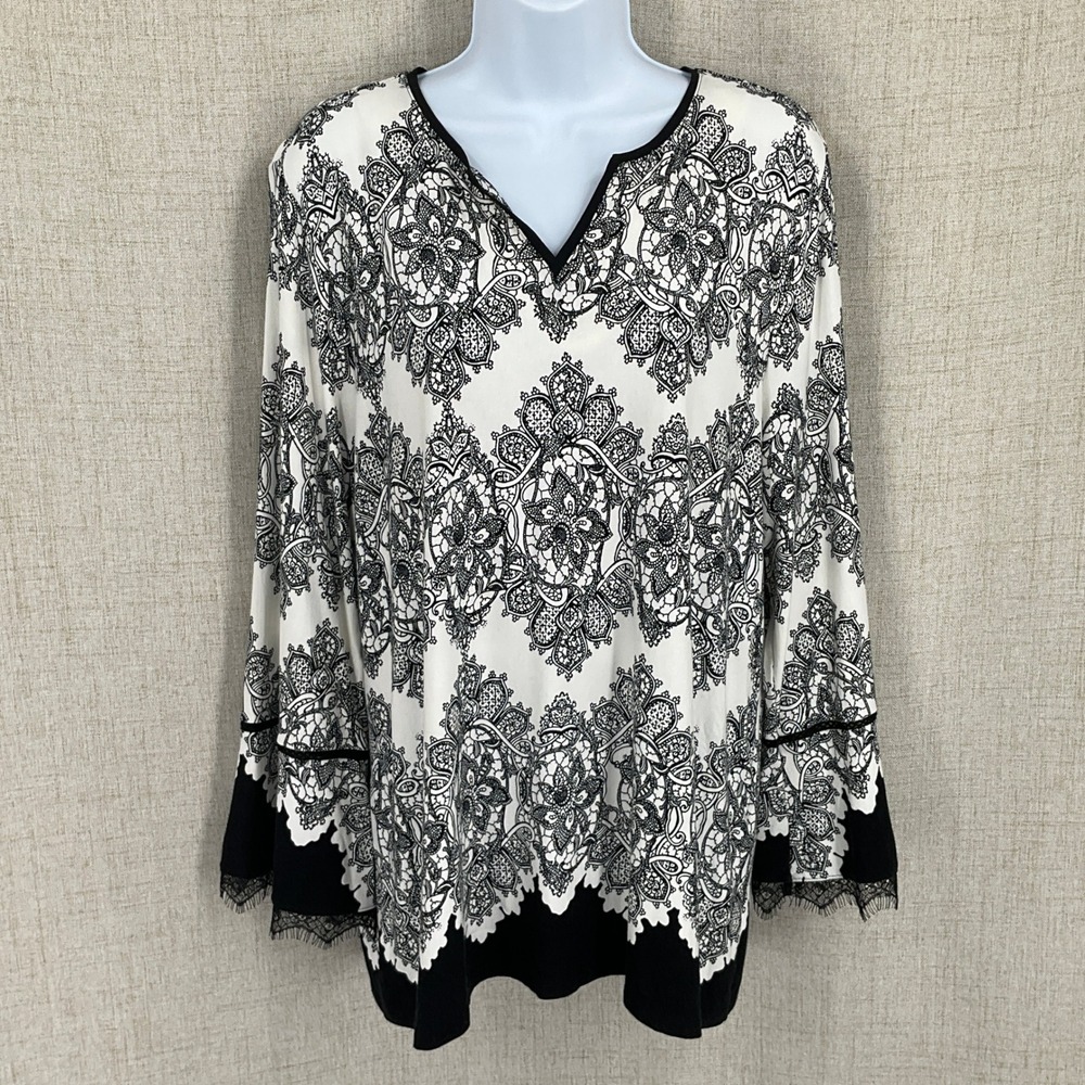 Chico's Blouse Women Sz 2 US L Black White Lace Trim Bell Sleeve‎ Medallion Boho
